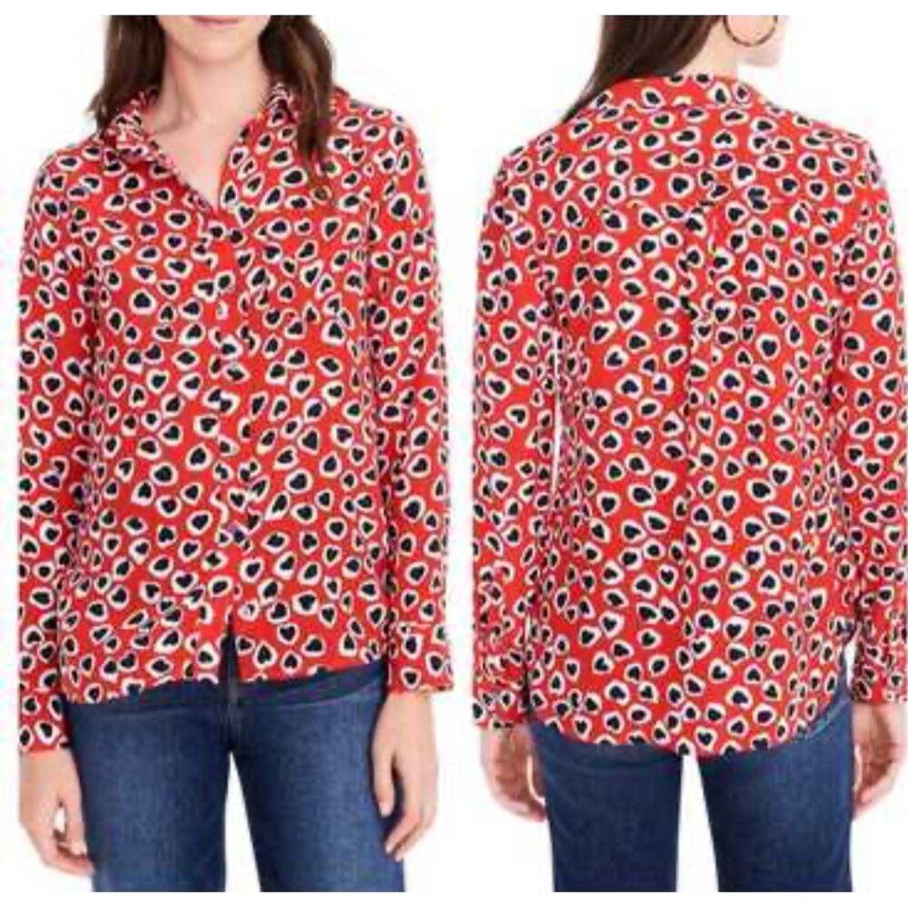 J.Crew Collection Silk Blouse Sz‎ 4 Heart Print Boy Shirt Red Classic Top Party